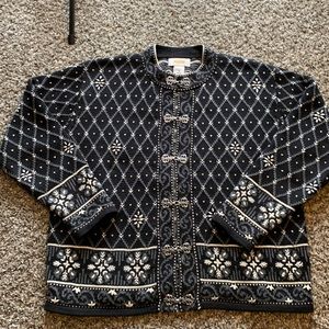 Talbots Black Cotton Argyle Sweater with Ornate Clasps EUC MP